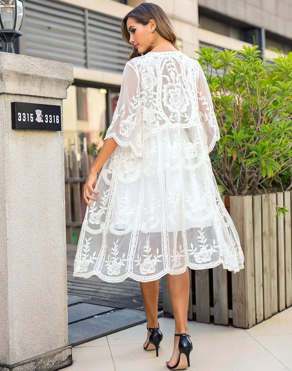 Women's Lace Cardigan Floral Crochet Sheer Beach Cover Ups Long Kimono Bikini Bathing Suit