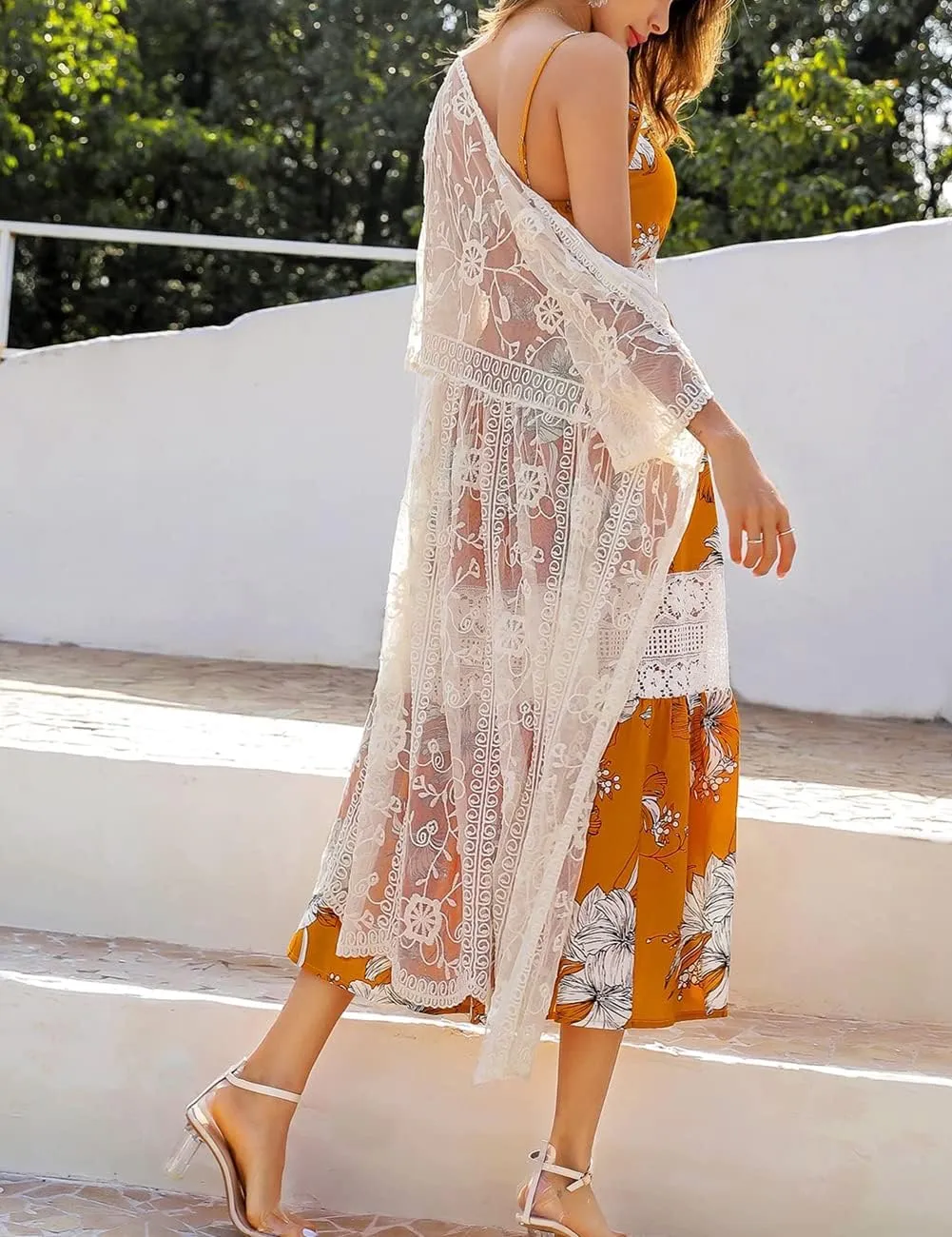Women's Lace Cardigan Floral Crochet Sheer Beach Cover Ups Long Open Kimono