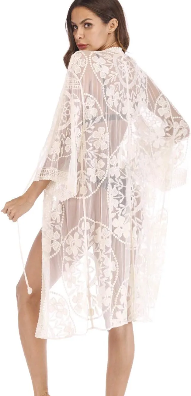 Women's Lace Cardigan Floral Crochet Sheer Beach Cover Ups Long Open Kimono