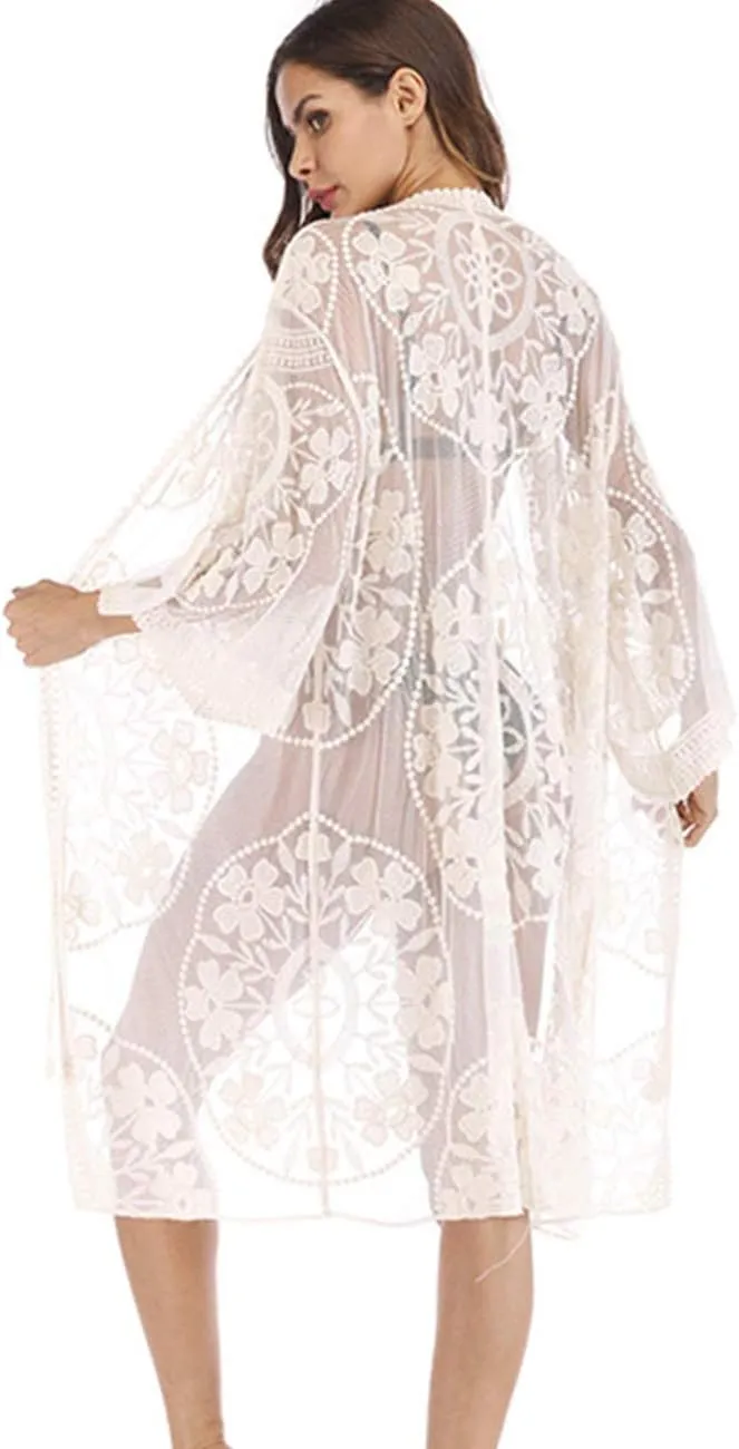 Women's Lace Cardigan Floral Crochet Sheer Beach Cover Ups Long Open Kimono