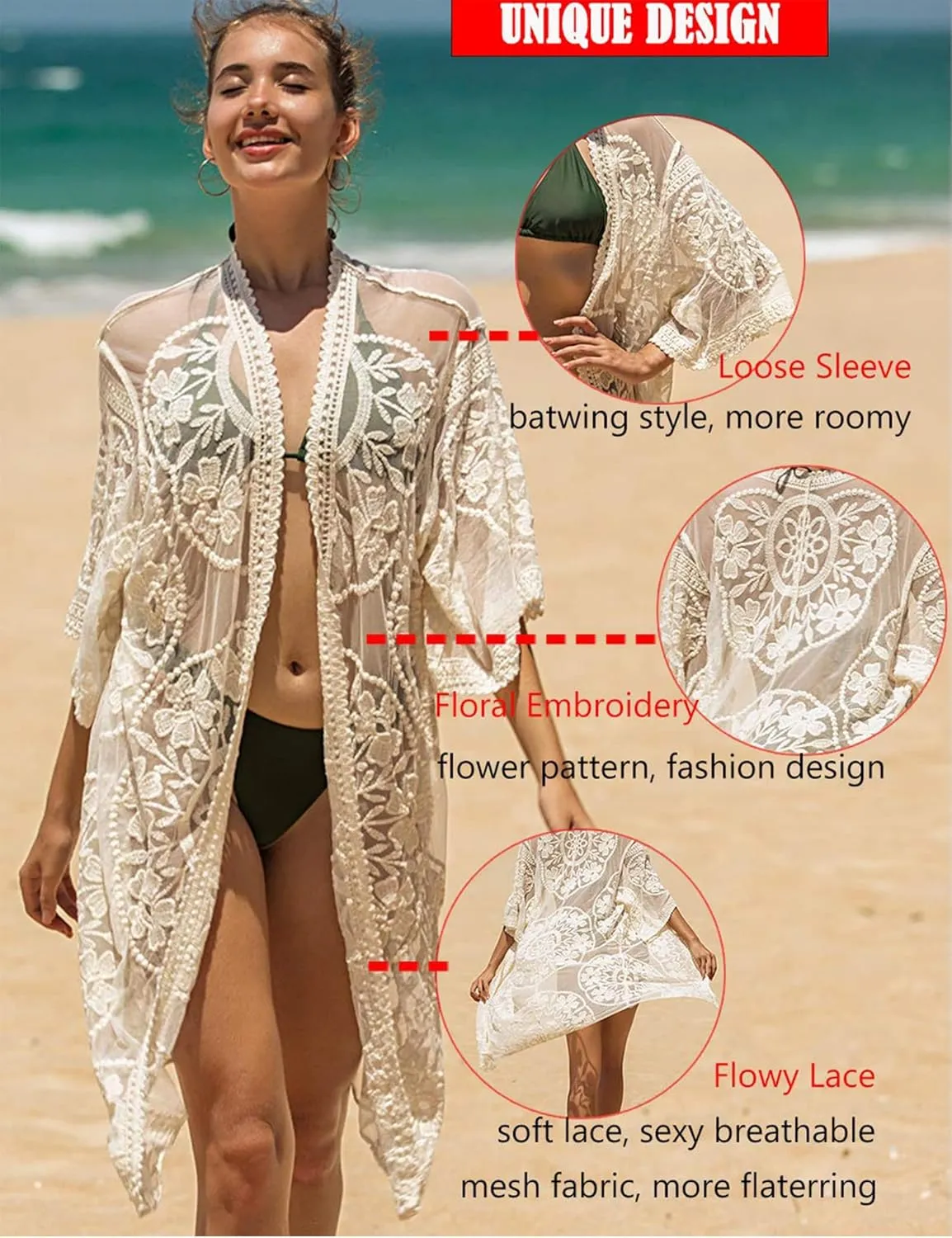 Women's Lace Cardigan Floral Crochet Sheer Beach Cover Ups Long Open Kimono