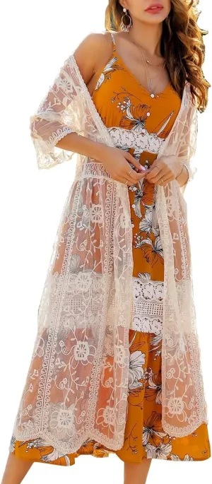 Women's Lace Cardigan Floral Crochet Sheer Beach Cover Ups Long Open Kimono