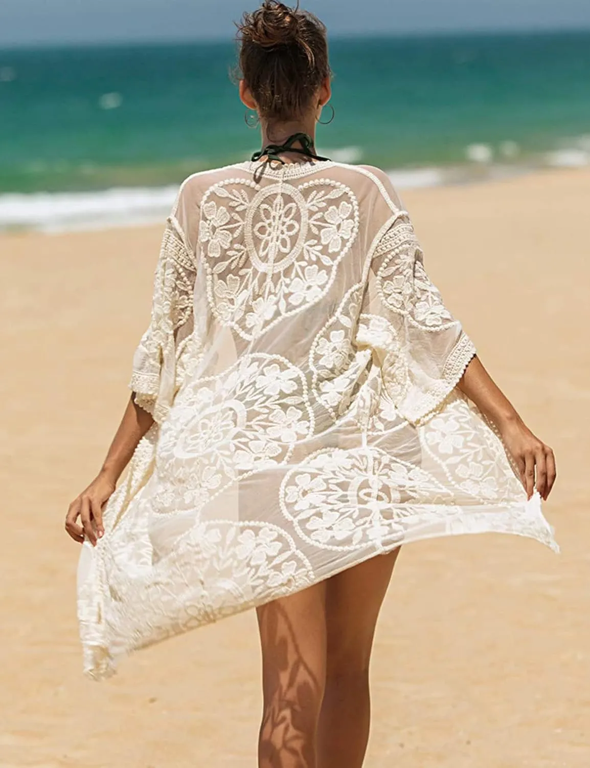 Women's Lace Cardigan Floral Crochet Sheer Beach Cover Ups Long Open Kimono