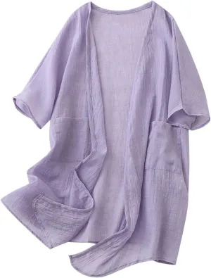 Womens Long Cardigans Lightweight Cover Up Fall Casual Loose Fit Half Sleeve Cotton Tops Beach Coverups with Pockets
