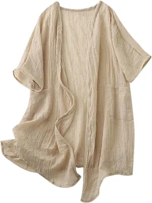 Womens Long Cardigans Lightweight Cover Up Fall Casual Loose Fit Half Sleeve Cotton Tops Beach Coverups with Pockets