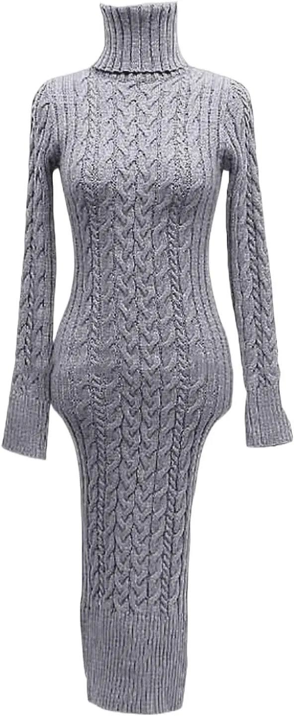Womens Long Sleeve Turtleneck Sweater Dresses Knitted Bodycon Midi Jumper Fashion Casual Winter Slim Fit Sexy Dresses