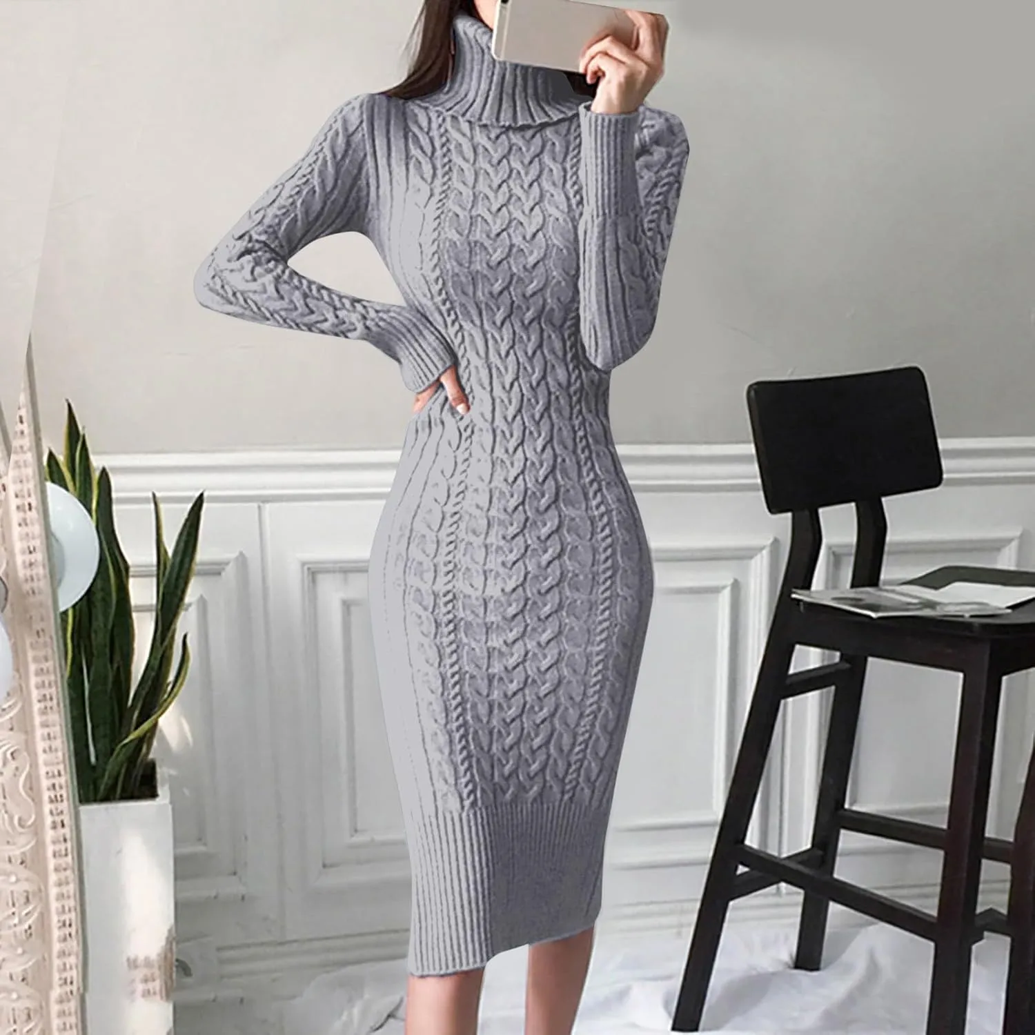 Womens Long Sleeve Turtleneck Sweater Dresses Knitted Bodycon Midi Jumper Fashion Casual Winter Slim Fit Sexy Dresses