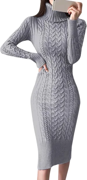 Womens Long Sleeve Turtleneck Sweater Dresses Knitted Bodycon Midi Jumper Fashion Casual Winter Slim Fit Sexy Dresses
