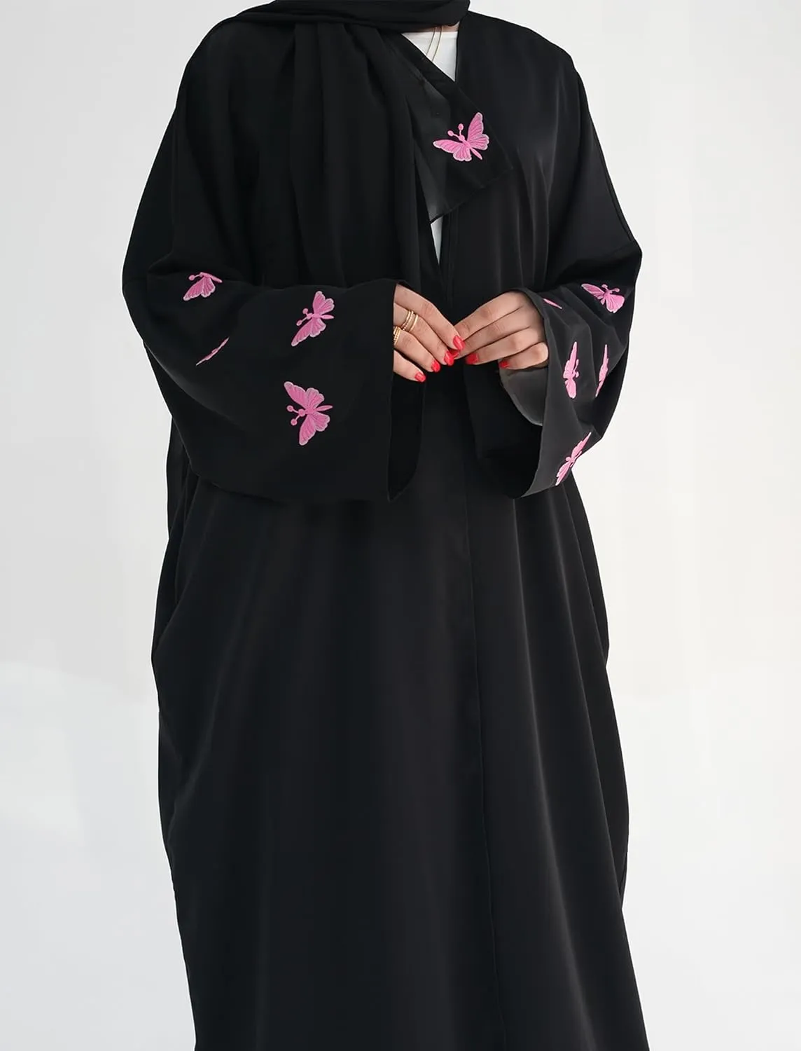 Womens Muslim Cardigan Abaya Long Sleeve Embroidered Butterfly Ethnic Robe Dubai Middle Eastern Arabia Eid Clothes