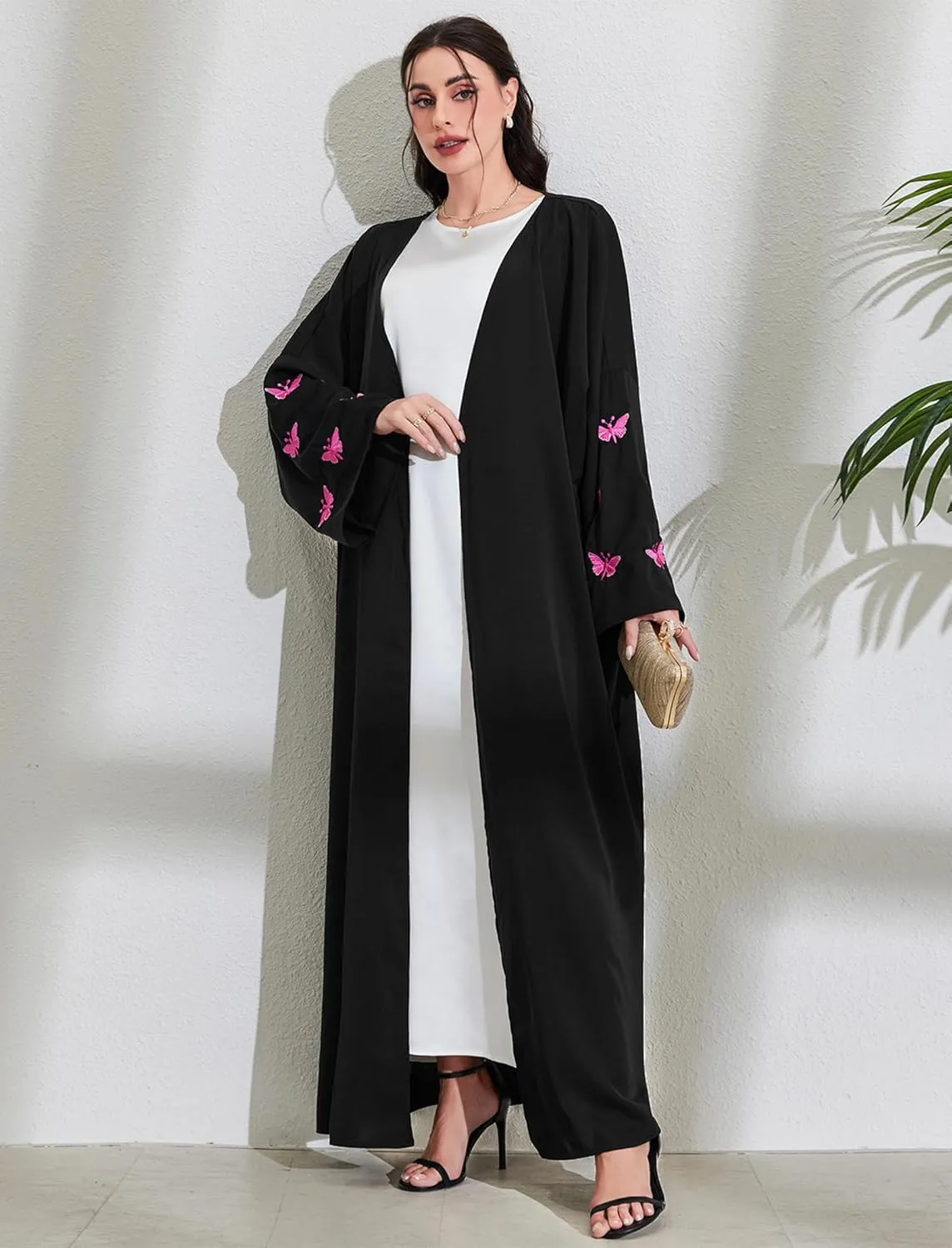 Womens Muslim Cardigan Abaya Long Sleeve Embroidered Butterfly Ethnic Robe Dubai Middle Eastern Arabia Eid Clothes