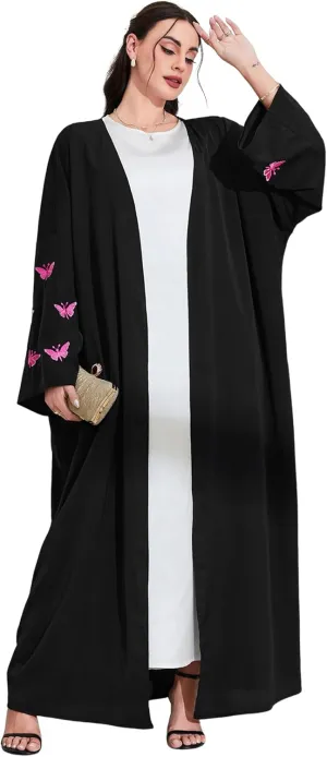 Womens Muslim Cardigan Abaya Long Sleeve Embroidered Butterfly Ethnic Robe Dubai Middle Eastern Arabia Eid Clothes