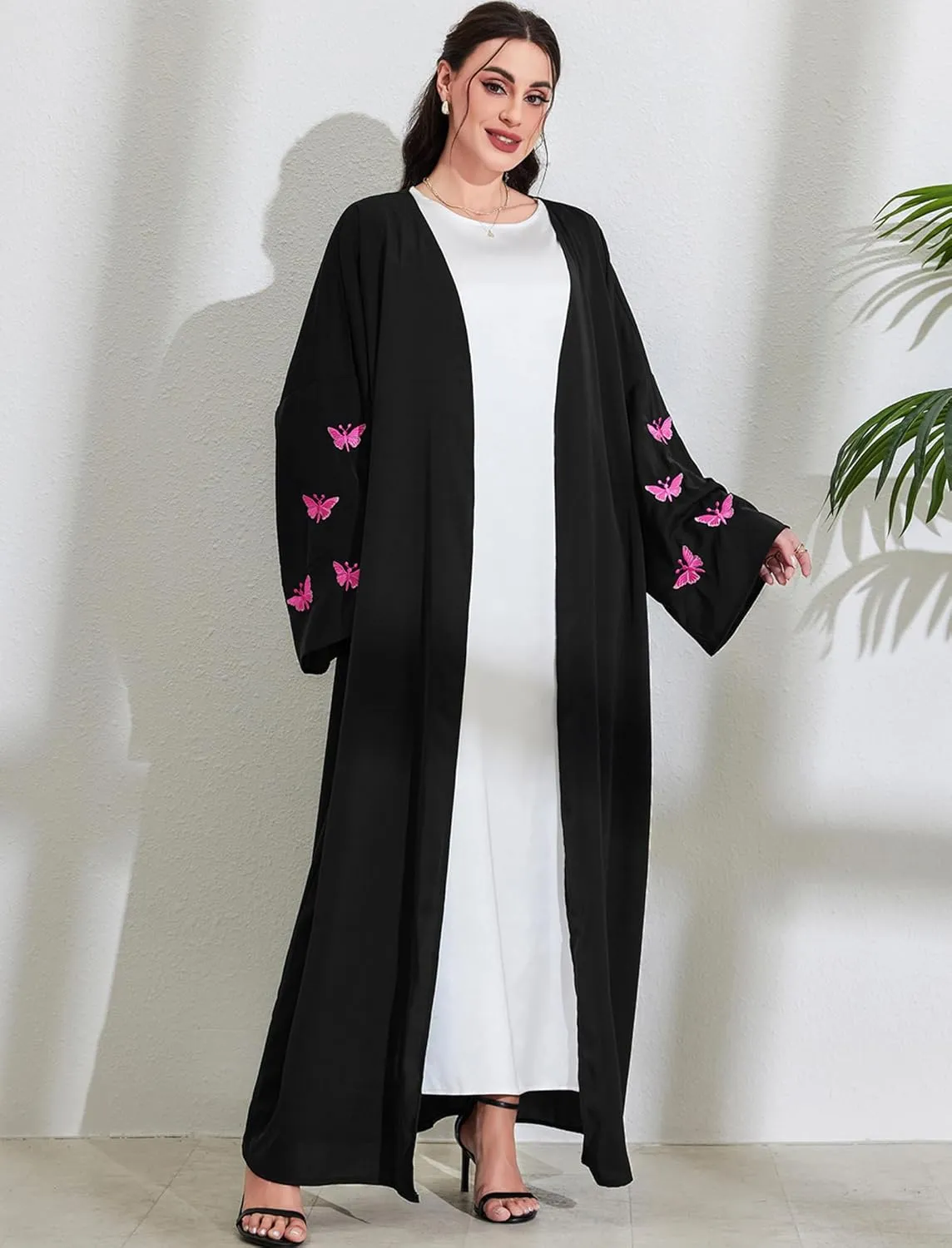 Womens Muslim Cardigan Abaya Long Sleeve Embroidered Butterfly Ethnic Robe Dubai Middle Eastern Arabia Eid Clothes