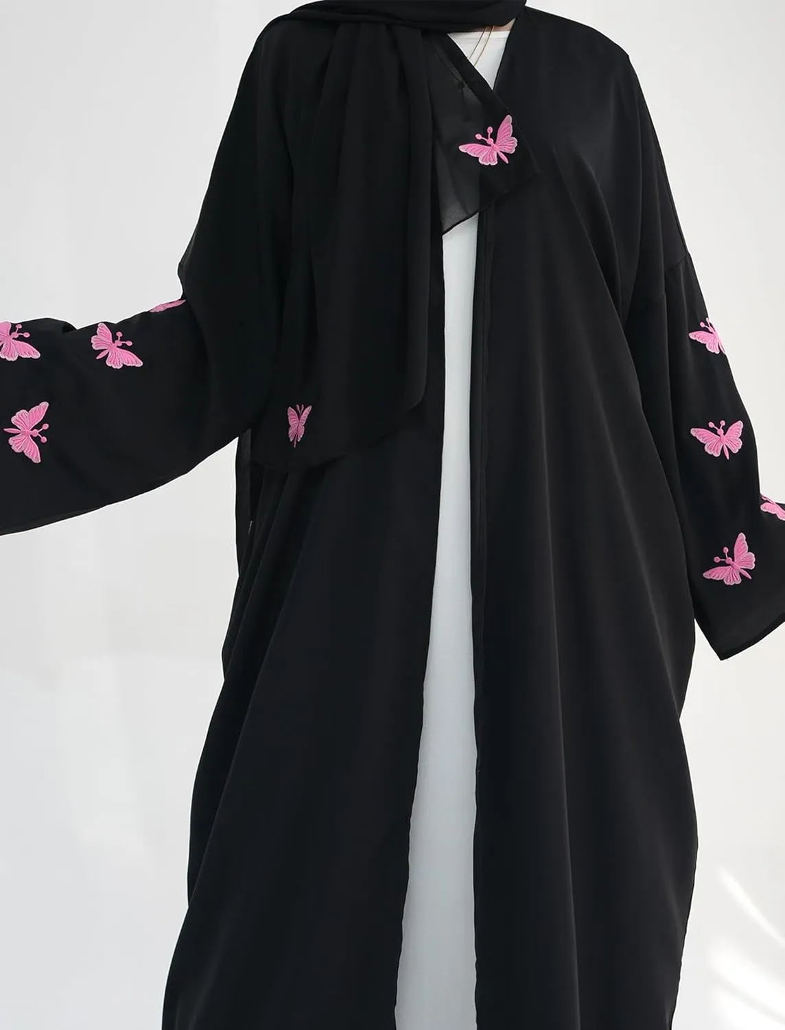 Womens Muslim Cardigan Abaya Long Sleeve Embroidered Butterfly Ethnic Robe Dubai Middle Eastern Arabia Eid Clothes