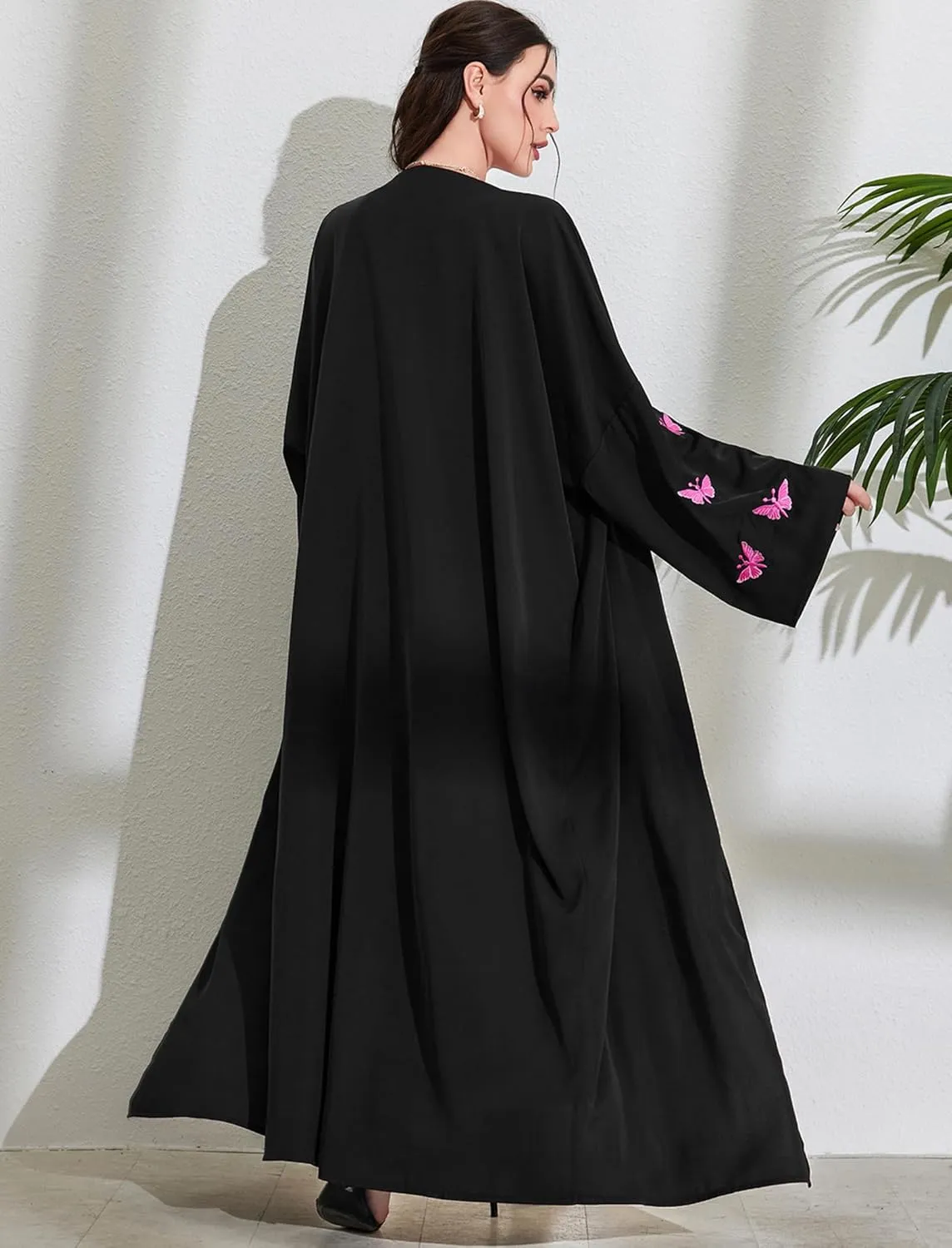 Womens Muslim Cardigan Abaya Long Sleeve Embroidered Butterfly Ethnic Robe Dubai Middle Eastern Arabia Eid Clothes
