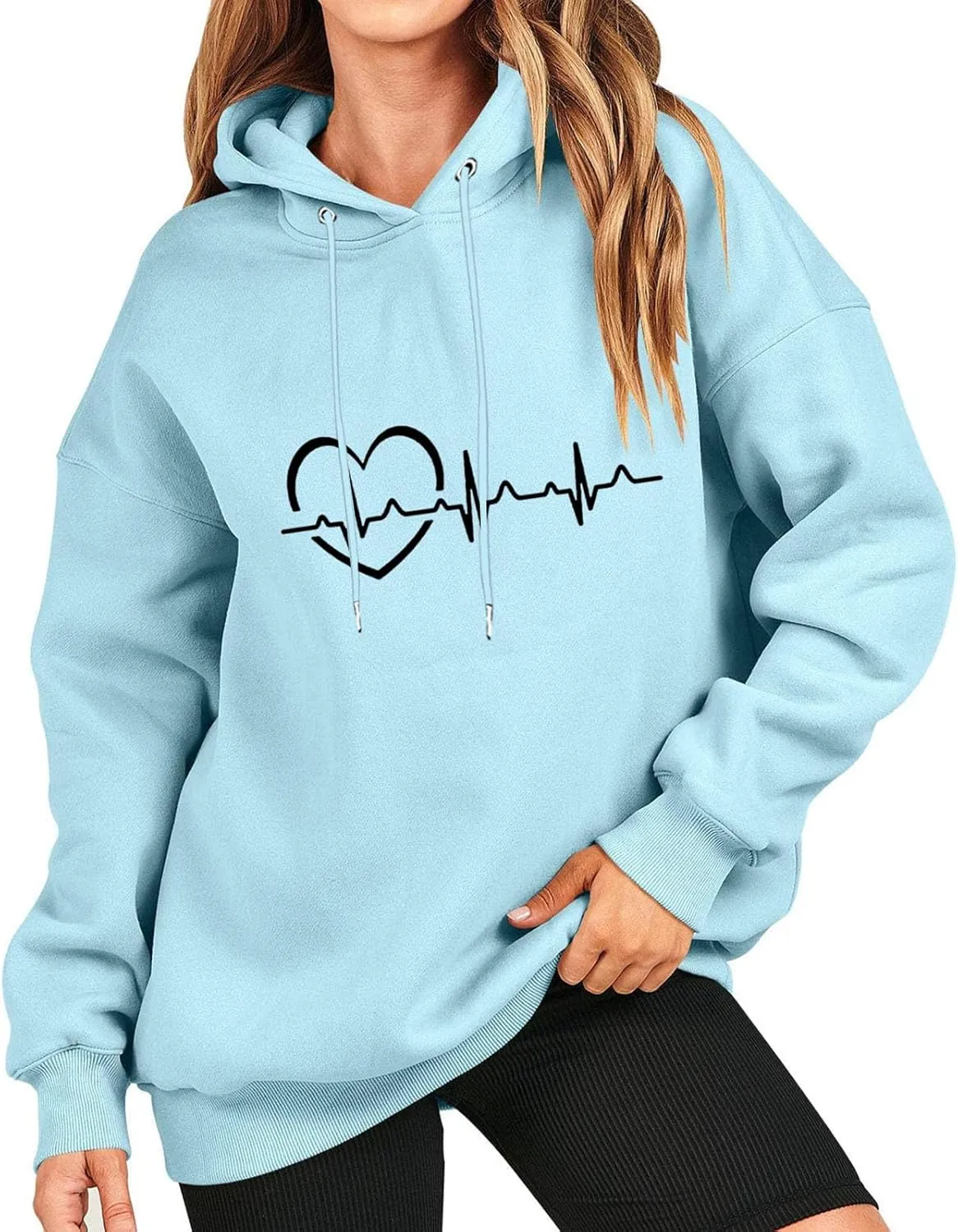 Women's Oversized Hoodies Fall Casual Long Sleeve Drawstring Blouse Tee Trendy Heart Print Solid Outdoor Comfy Pullover Tops