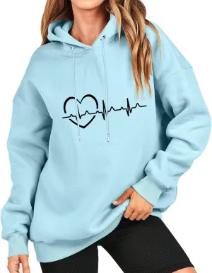 Women's Oversized Hoodies Fall Casual Long Sleeve Drawstring Blouse Tee Trendy Heart Print Solid Outdoor Comfy Pullover Tops