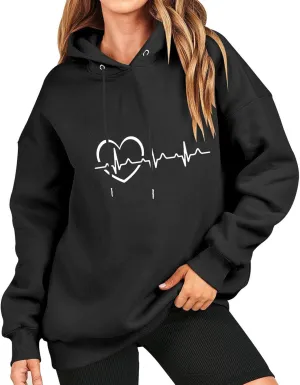 Women's Oversized Hoodies Fall Casual Long Sleeve Drawstring Blouse Tee Trendy Heart Print Solid Outdoor Comfy Pullover Tops