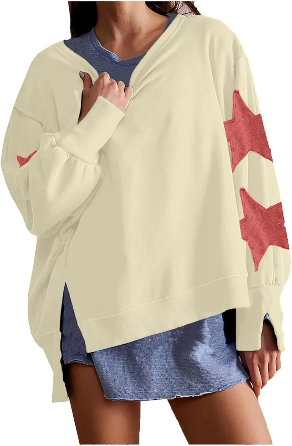 Womens Oversized Sweatshirts Y2k Star Striped Long Sleeve Crewneck Pullover Side Slit Sweatshirt for Teen Girls