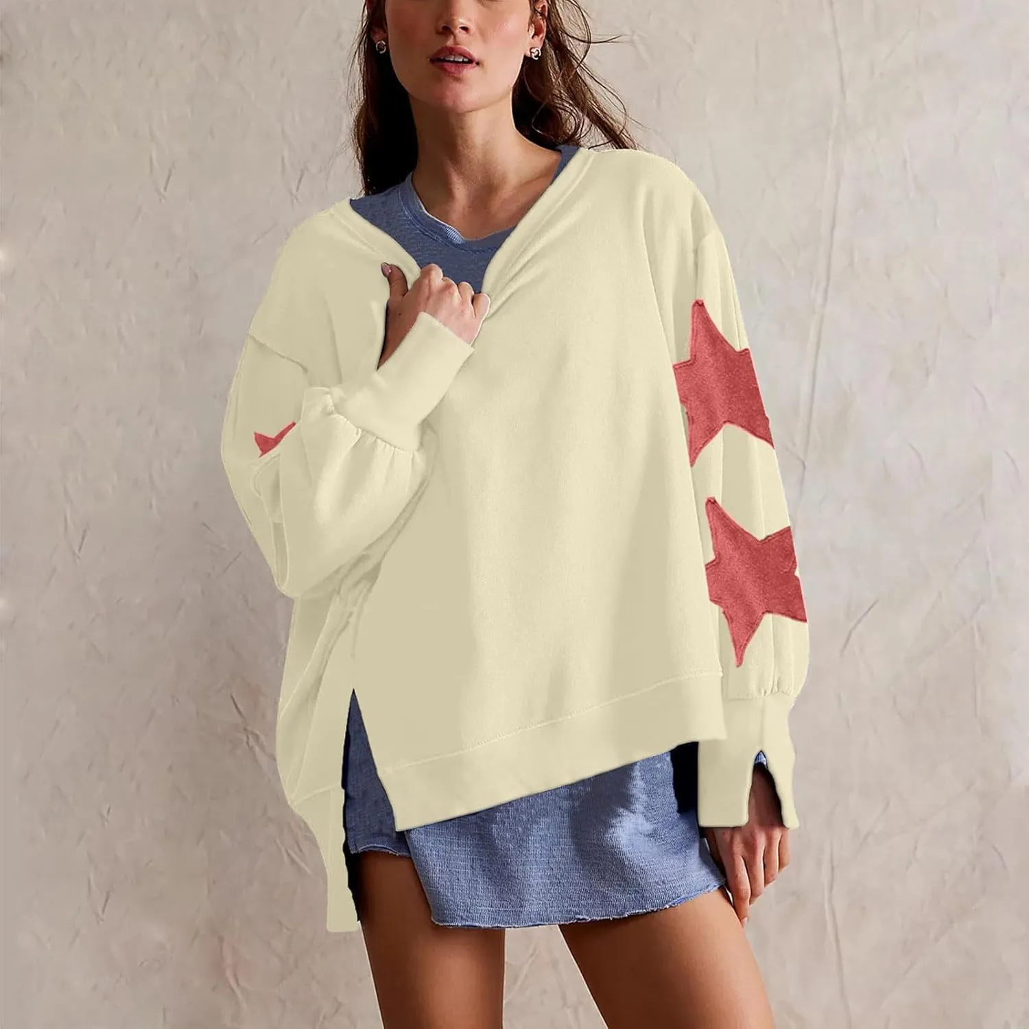 Womens Oversized Sweatshirts Y2k Star Striped Long Sleeve Crewneck Pullover Side Slit Sweatshirt for Teen Girls
