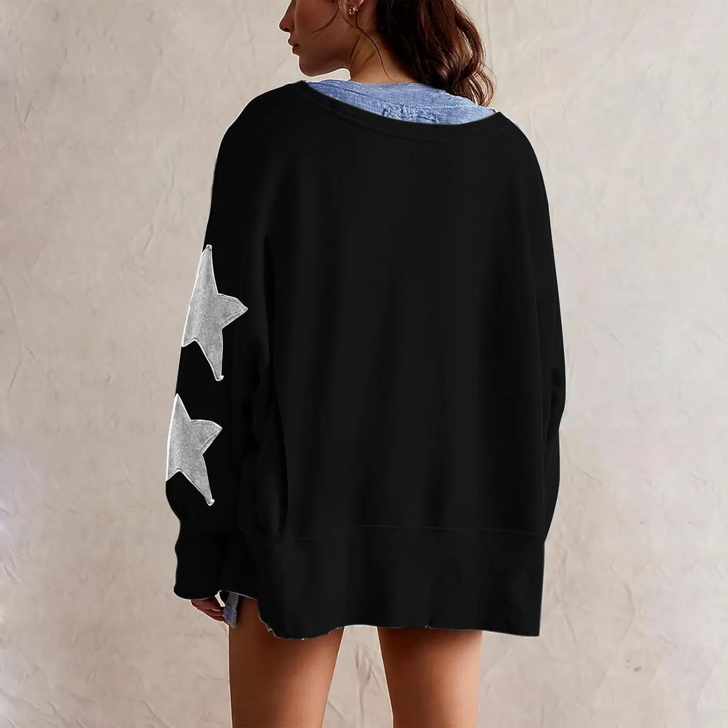 Womens Oversized Sweatshirts Y2k Star Striped Long Sleeve Crewneck Pullover Side Slit Sweatshirt for Teen Girls