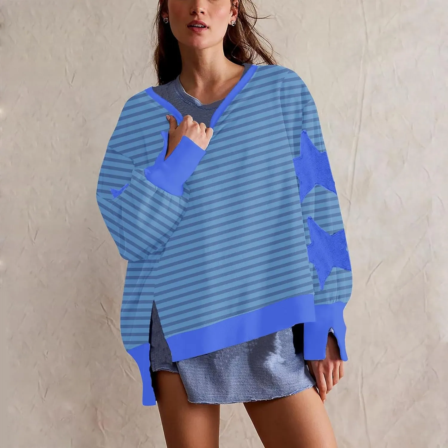 Womens Oversized Sweatshirts Y2k Star Striped Long Sleeve Crewneck Pullover Side Slit Sweatshirt for Teen Girls