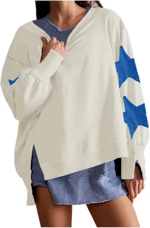 Womens Oversized Sweatshirts Y2k Star Striped Long Sleeve Crewneck Pullover Side Slit Sweatshirt for Teen Girls