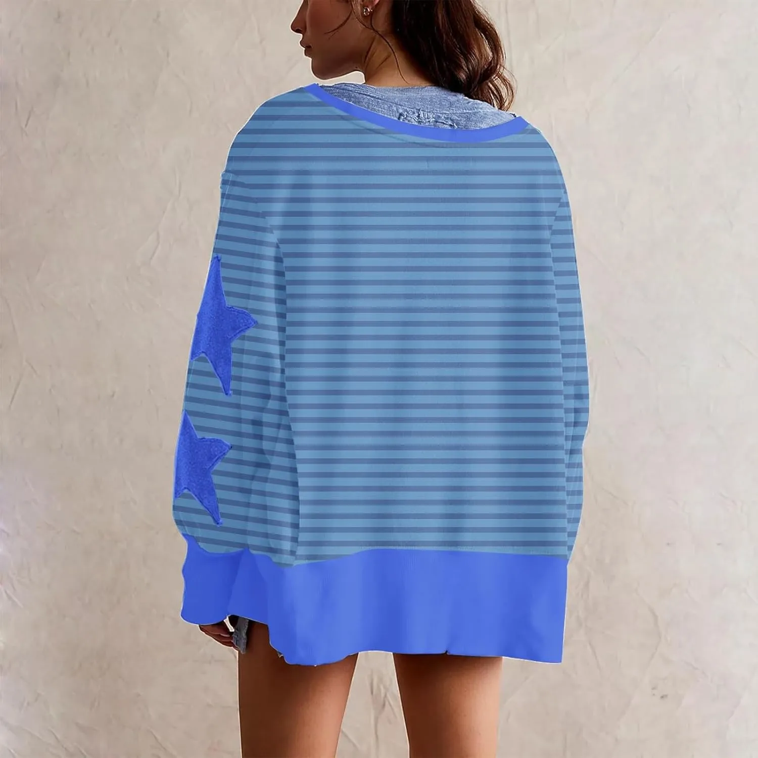 Womens Oversized Sweatshirts Y2k Star Striped Long Sleeve Crewneck Pullover Side Slit Sweatshirt for Teen Girls
