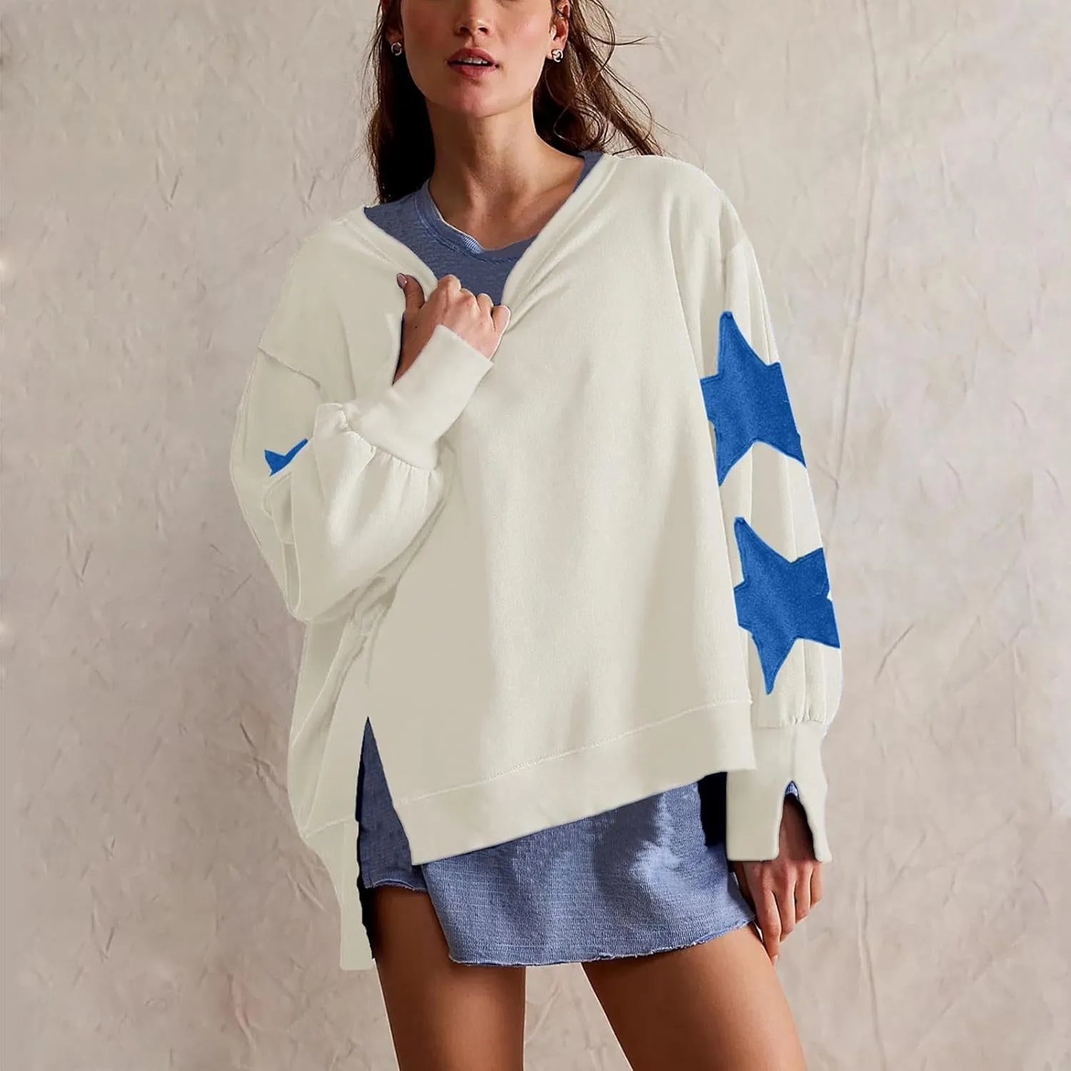 Womens Oversized Sweatshirts Y2k Star Striped Long Sleeve Crewneck Pullover Side Slit Sweatshirt for Teen Girls