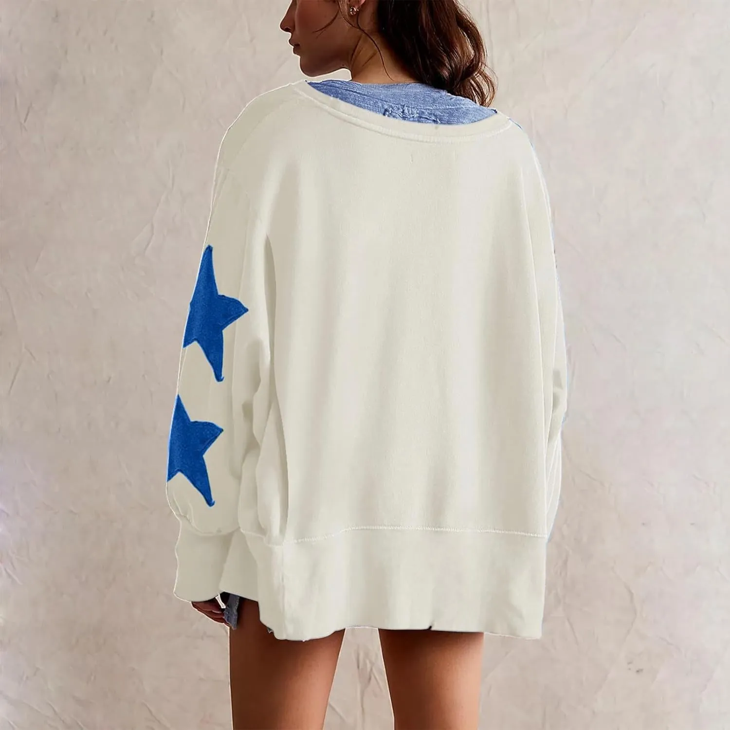 Womens Oversized Sweatshirts Y2k Star Striped Long Sleeve Crewneck Pullover Side Slit Sweatshirt for Teen Girls