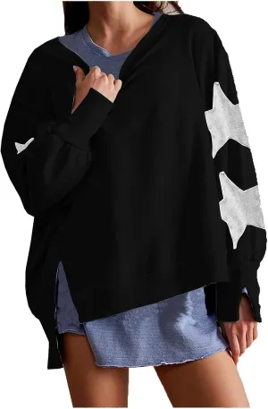 Womens Oversized Sweatshirts Y2k Star Striped Long Sleeve Crewneck Pullover Side Slit Sweatshirt for Teen Girls