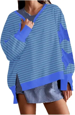 Womens Oversized Sweatshirts Y2k Star Striped Long Sleeve Crewneck Pullover Side Slit Sweatshirt for Teen Girls