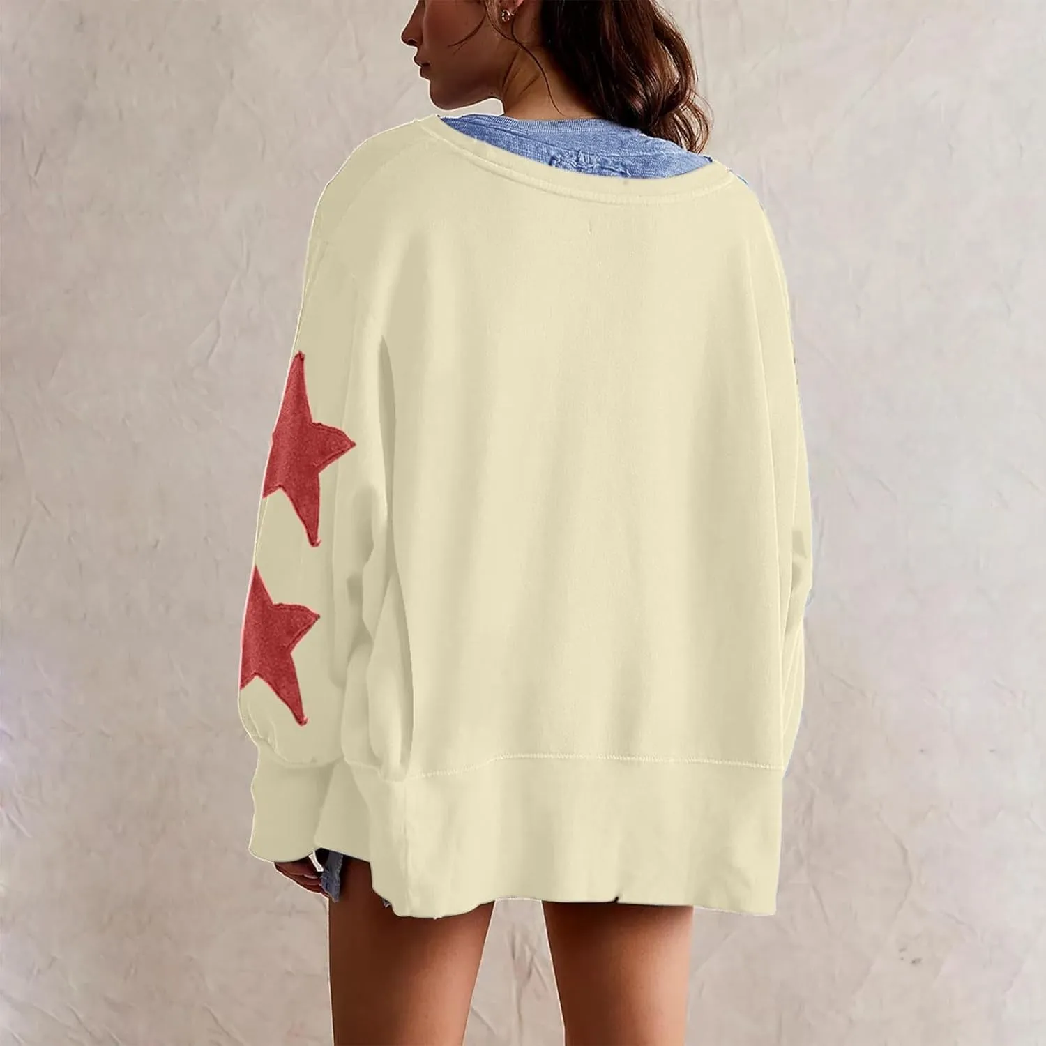 Womens Oversized Sweatshirts Y2k Star Striped Long Sleeve Crewneck Pullover Side Slit Sweatshirt for Teen Girls