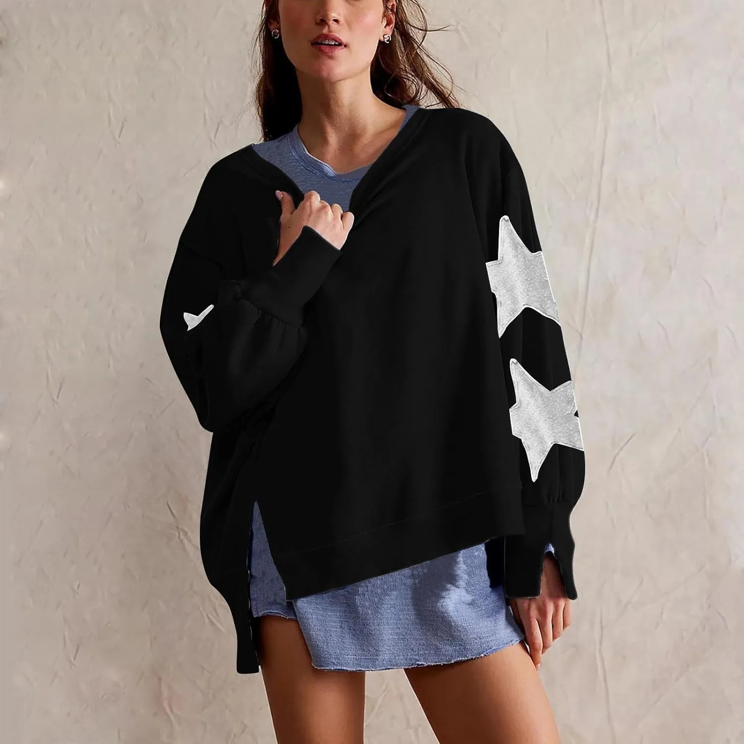 Womens Oversized Sweatshirts Y2k Star Striped Long Sleeve Crewneck Pullover Side Slit Sweatshirt for Teen Girls