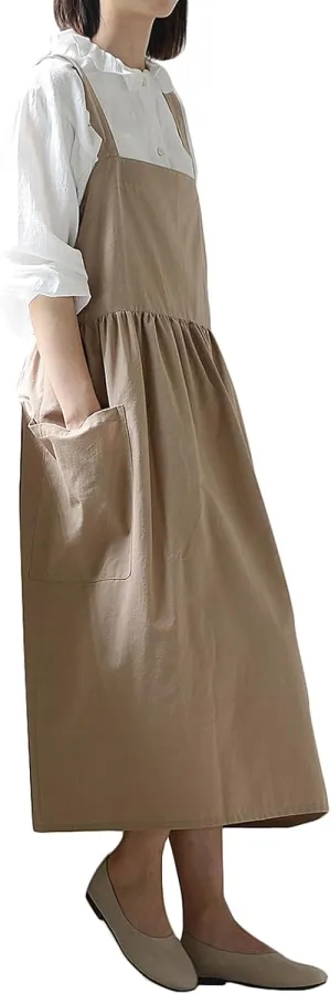 Women's Pinafore Cross Back Cotton Linen Japanese Apron With Pockets