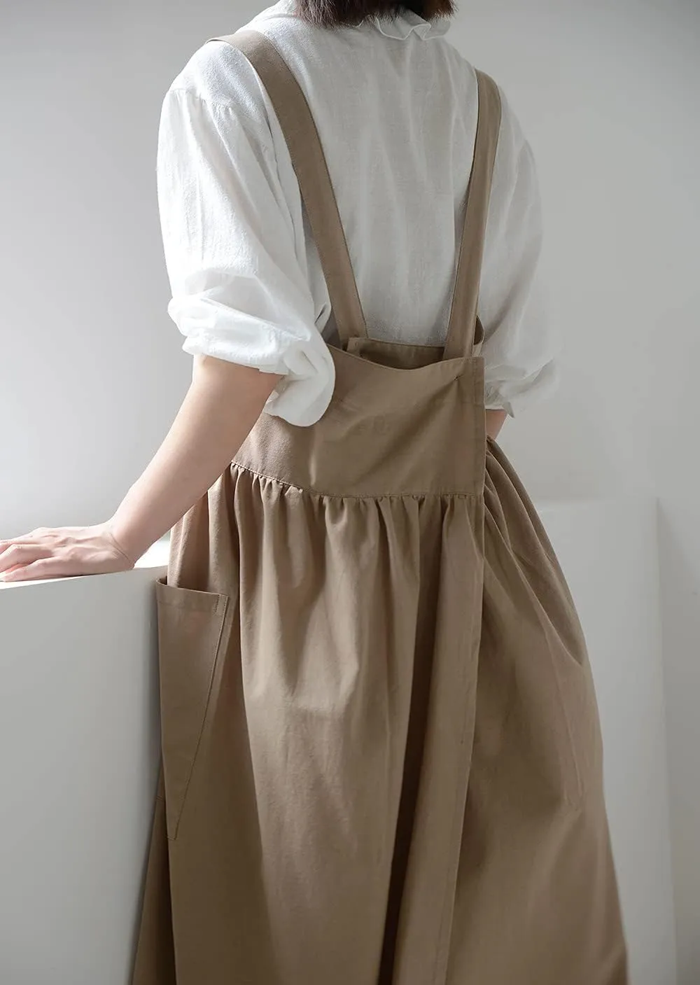 Women's Pinafore Cross Back Cotton Linen Japanese Apron With Pockets