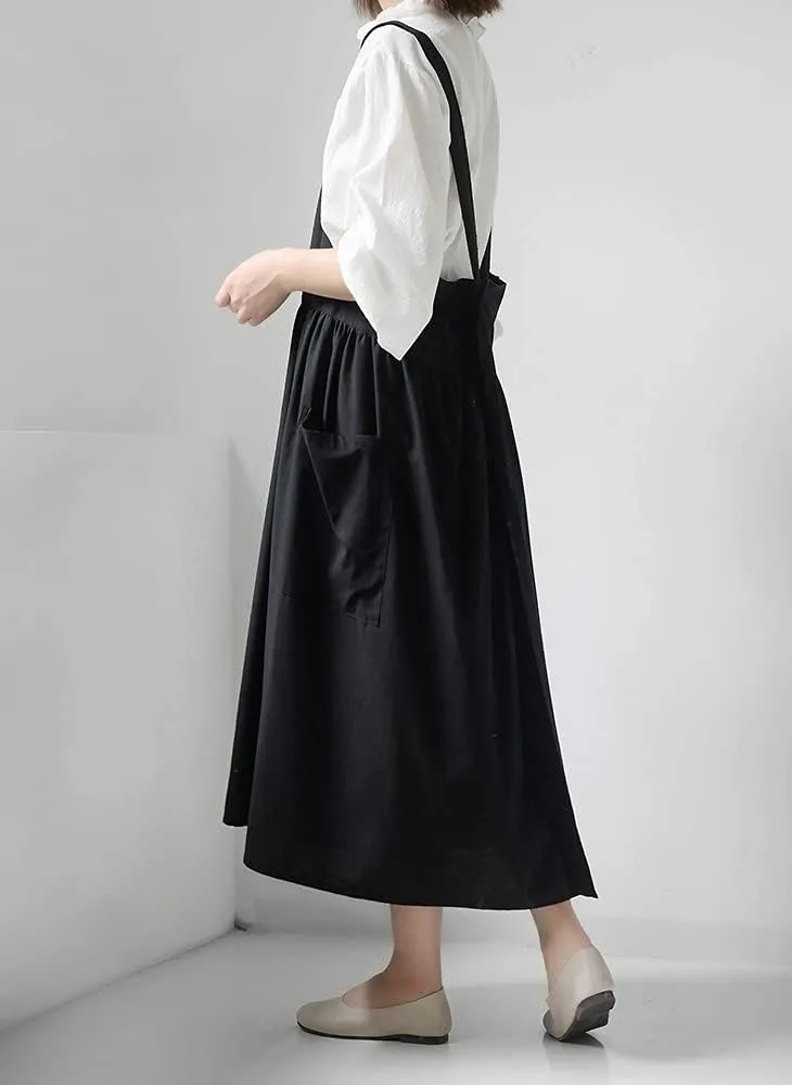 Women's Pinafore Cross Back Cotton Linen Japanese Apron With Pockets