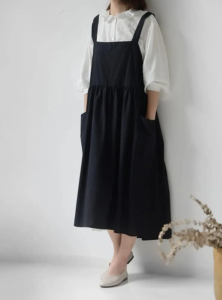 Women's Pinafore Cross Back Cotton Linen Japanese Apron With Pockets