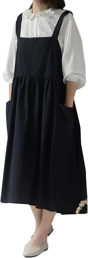 Women's Pinafore Cross Back Cotton Linen Japanese Apron With Pockets