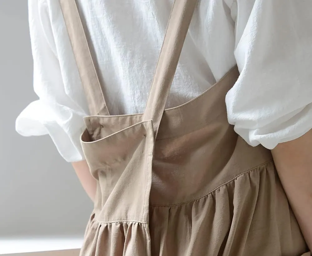 Women's Pinafore Cross Back Cotton Linen Japanese Apron With Pockets