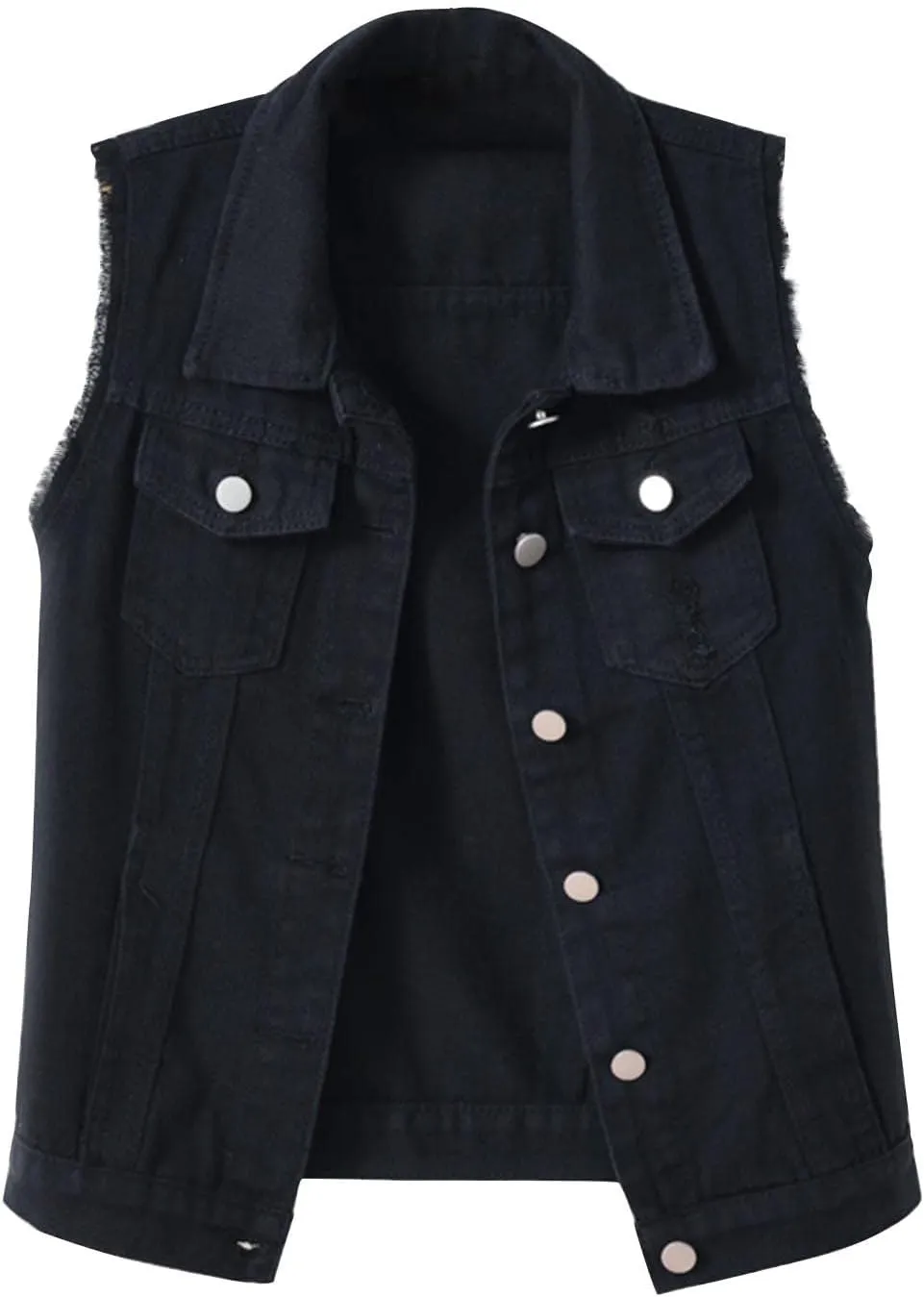 Women's Plus Size Denim Vest with Two Chest Flap Pockets Sleeveless Jackets Frayed Hem Cargo Trucker Jean Vest