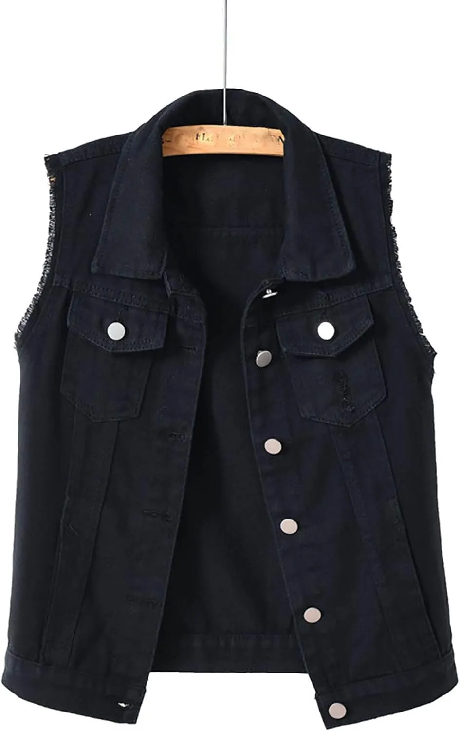 Women's Plus Size Denim Vest with Two Chest Flap Pockets Sleeveless Jackets Frayed Hem Cargo Trucker Jean Vest