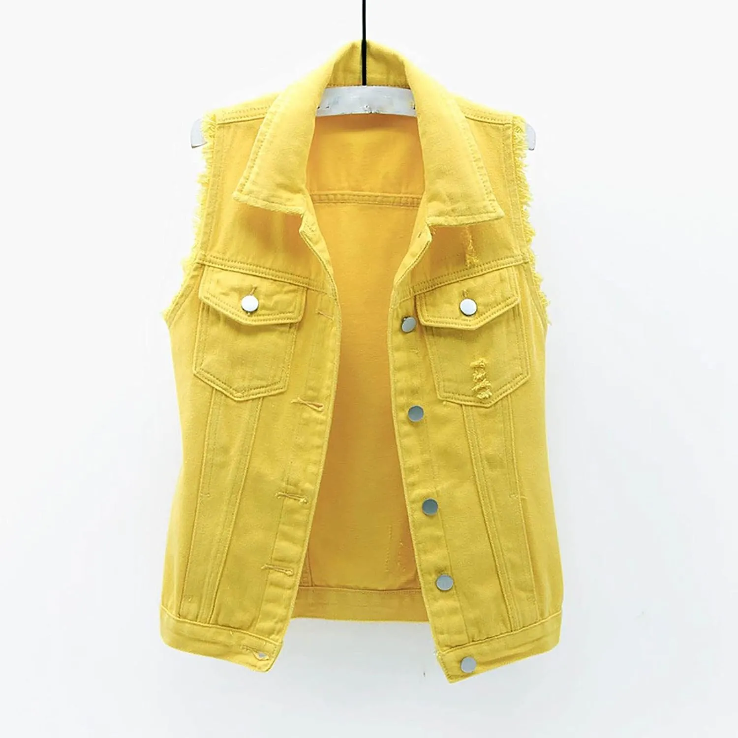Women's Plus Size Denim Vest with Two Chest Flap Pockets Sleeveless Jackets Frayed Hem Cargo Trucker Jean Vest