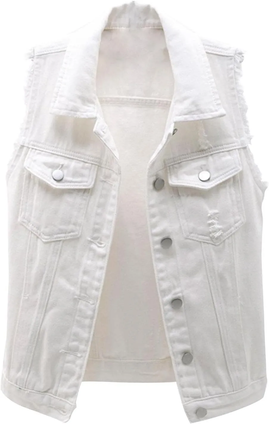 Women's Plus Size Denim Vest with Two Chest Flap Pockets Sleeveless Jackets Frayed Hem Cargo Trucker Jean Vest