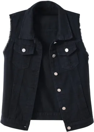 Women's Plus Size Denim Vest with Two Chest Flap Pockets Sleeveless Jackets Frayed Hem Cargo Trucker Jean Vest