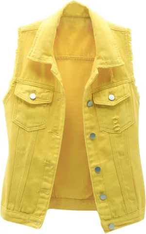Women's Plus Size Denim Vest with Two Chest Flap Pockets Sleeveless Jackets Frayed Hem Cargo Trucker Jean Vest