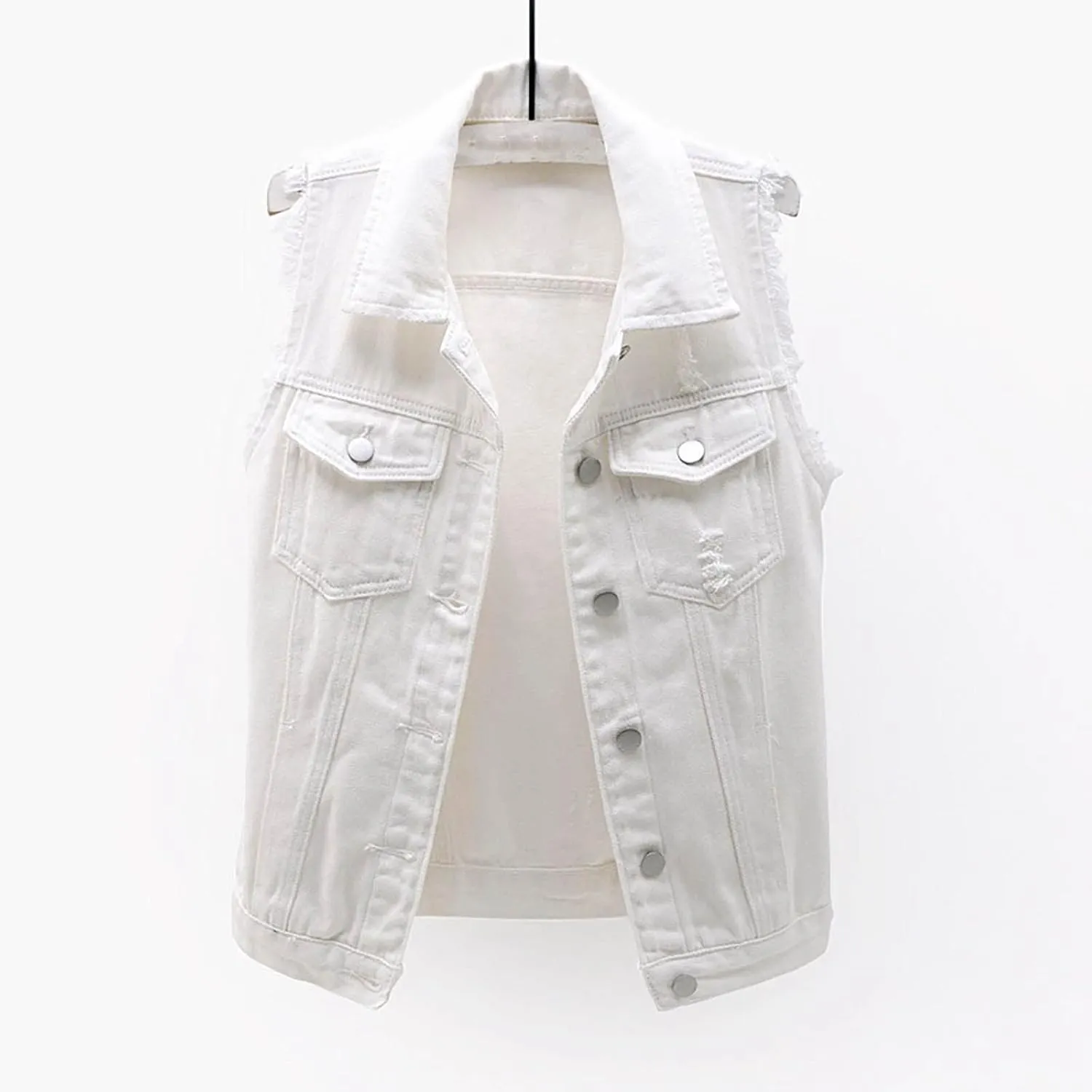 Women's Plus Size Denim Vest with Two Chest Flap Pockets Sleeveless Jackets Frayed Hem Cargo Trucker Jean Vest