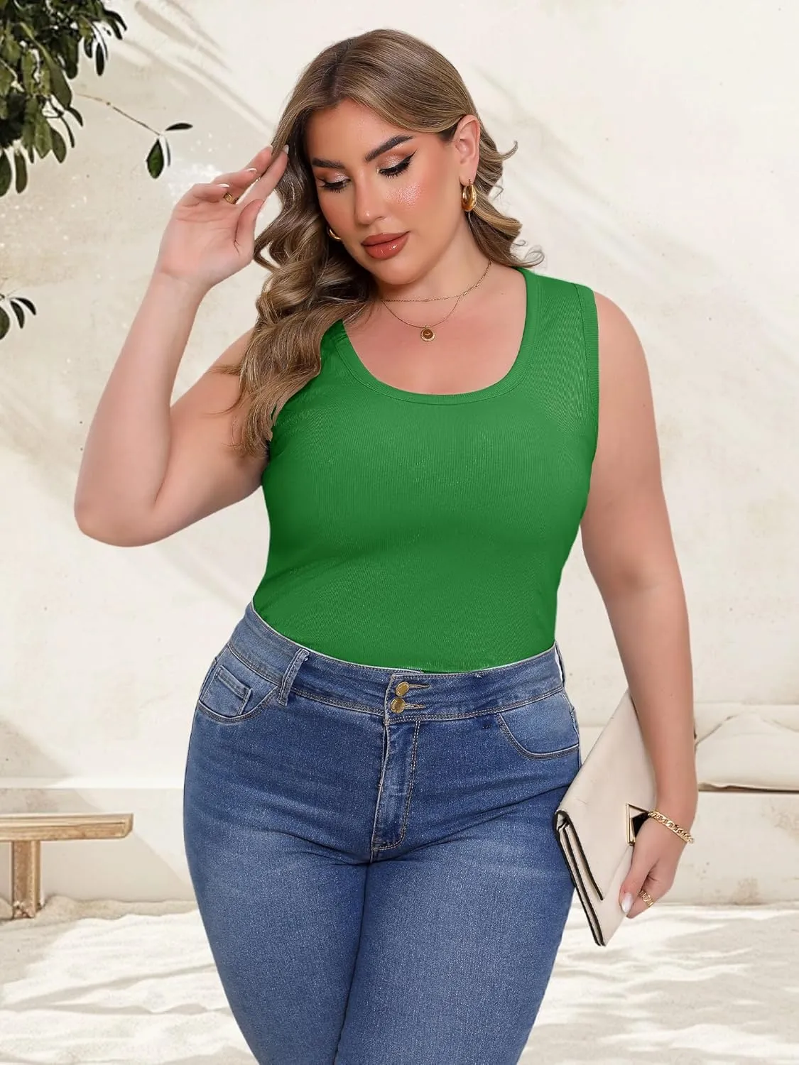 Women's Plus Size Tank Tops Summer Sleeveless Scoop Neck Cami Top Shirt Ribbed Knit Basic Casual Racerback Blouse