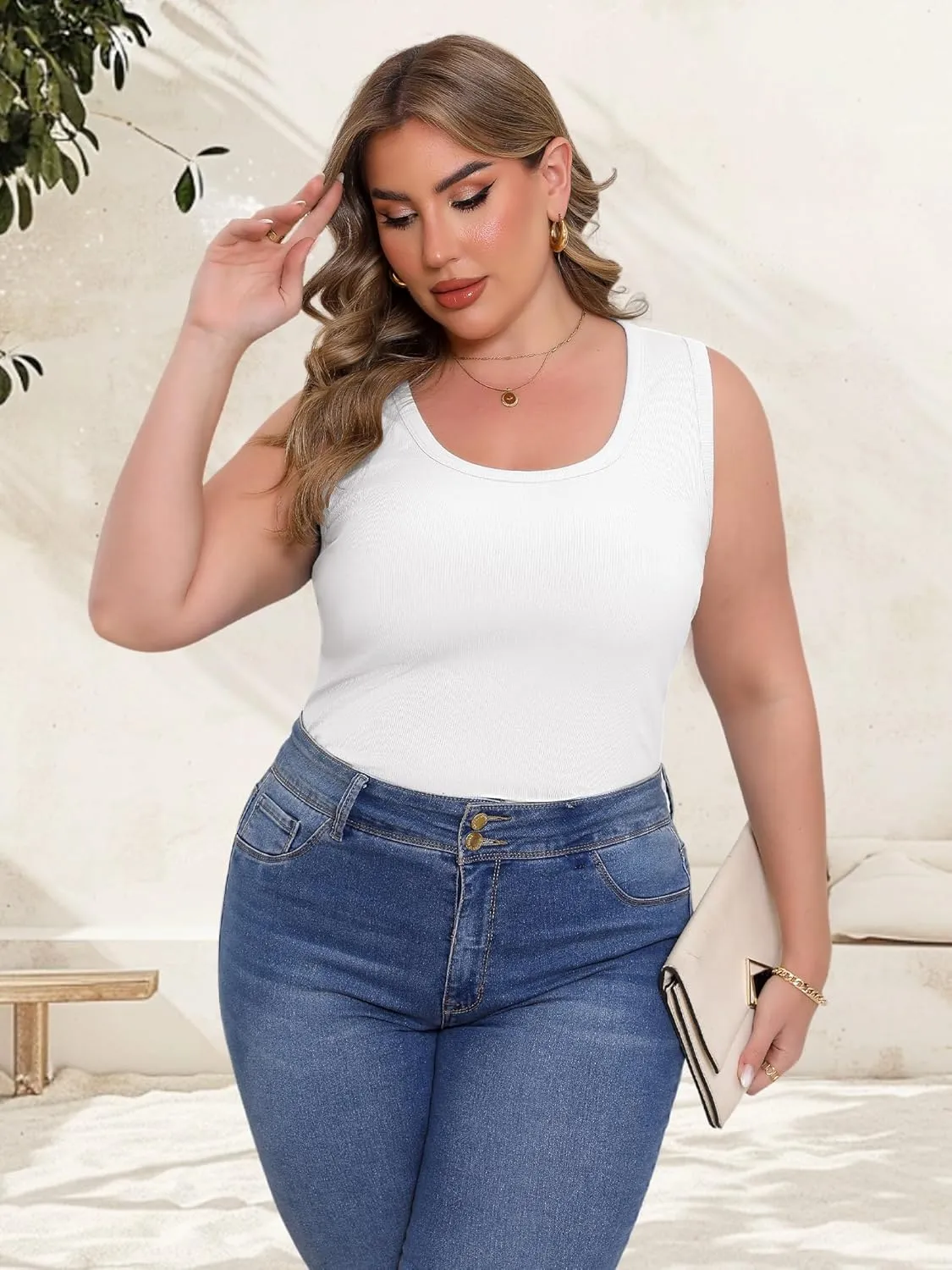Women's Plus Size Tank Tops Summer Sleeveless Scoop Neck Cami Top Shirt Ribbed Knit Basic Casual Racerback Blouse