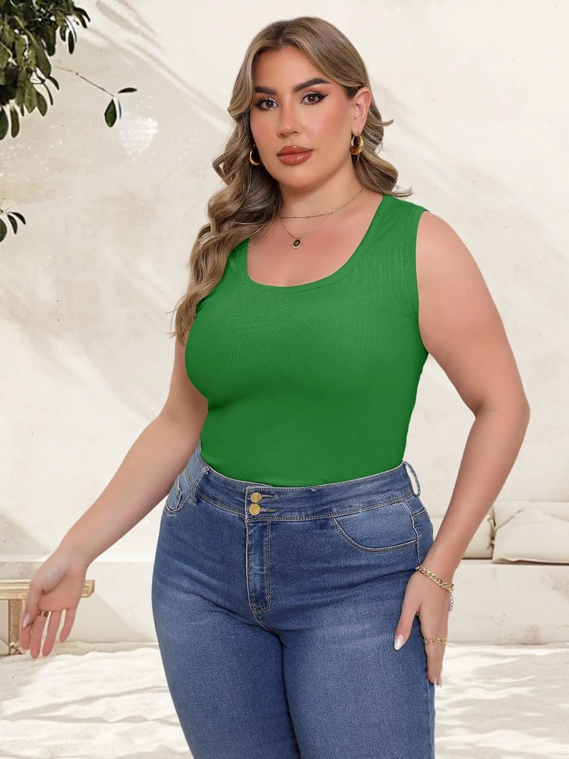 Women's Plus Size Tank Tops Summer Sleeveless Scoop Neck Cami Top Shirt Ribbed Knit Basic Casual Racerback Blouse
