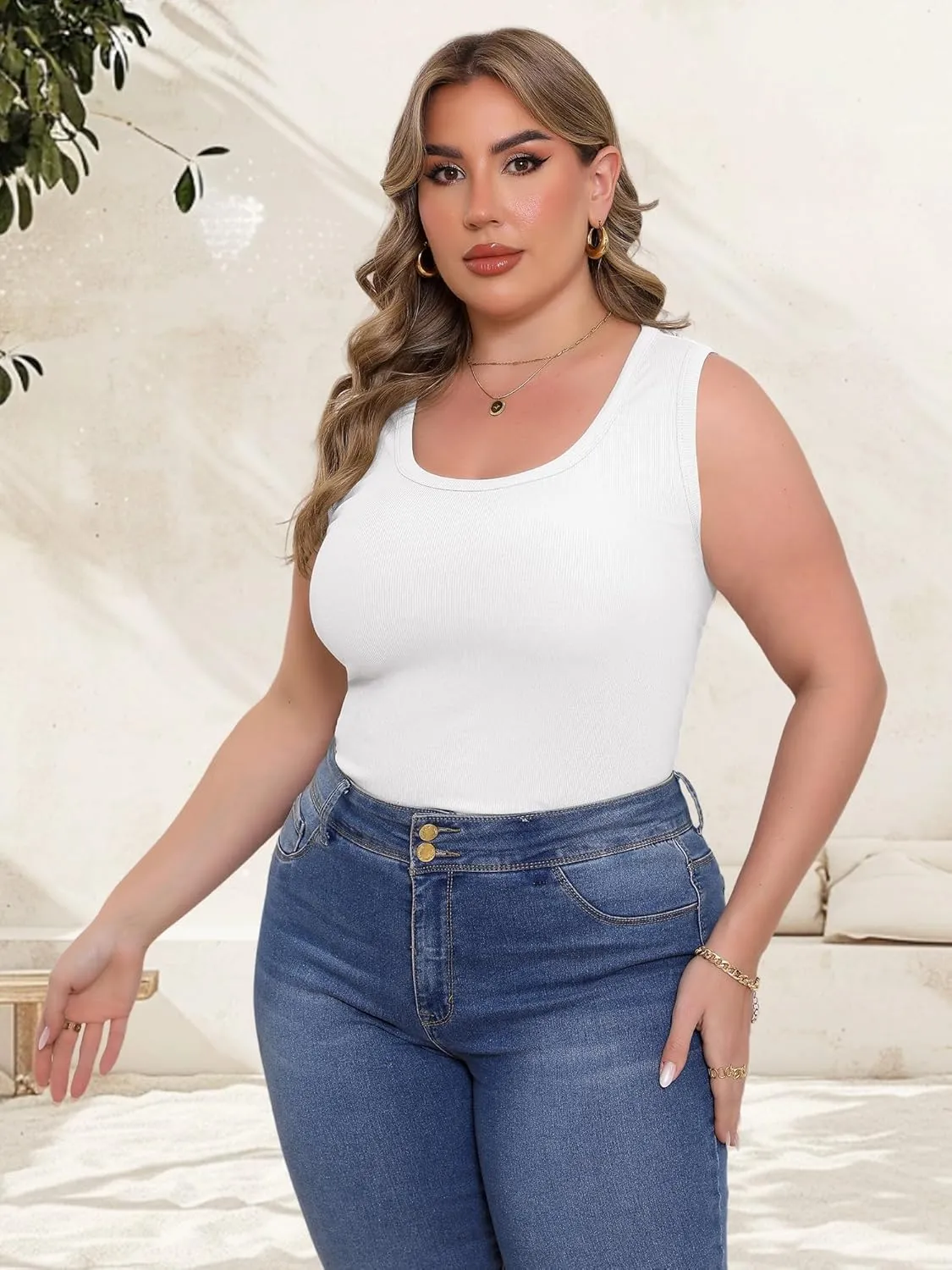Women's Plus Size Tank Tops Summer Sleeveless Scoop Neck Cami Top Shirt Ribbed Knit Basic Casual Racerback Blouse